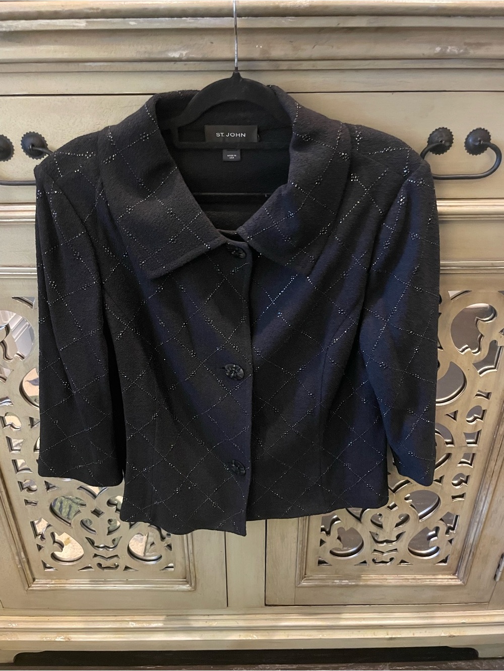 St. John Black Cropped Diamond-Quilt Jacket